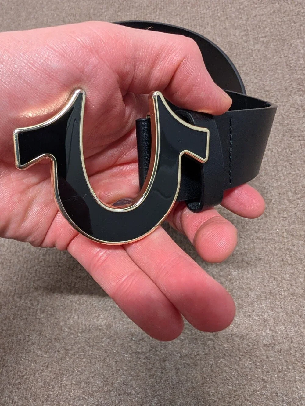 TRUE RELIGION Men's Black Leather Belt with Gold Horseshoe Buckle